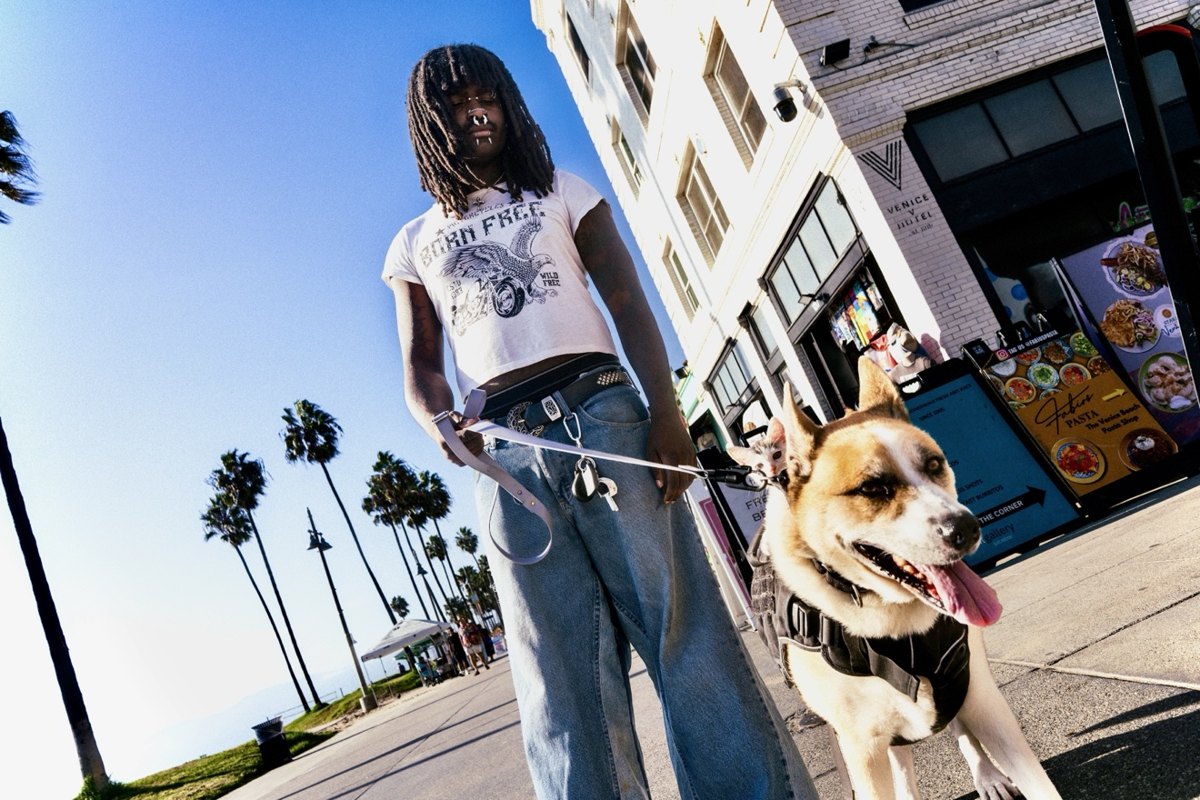 Man with dreadlocks and a cat on his back walking his dog down the Venice Beach boardwalk